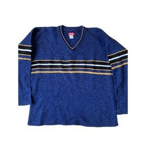 Union Bay Mens VTG Y2K Sweater Large Blue Striped Wool Blend V-Neck Long Sleeve